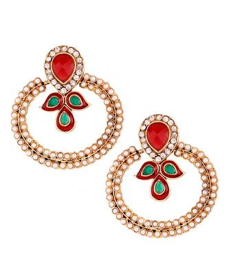 Gold Pearl Cz Maroon Green Meenakari Chaand Bali Earring For Women 1