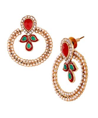 Gold Pearl Cz Maroon Green Meenakari Chaand Bali Earring For Women 2