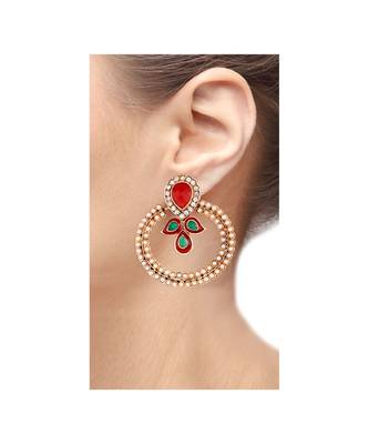 Gold Pearl Cz Maroon Green Meenakari Chaand Bali Earring For Women 3