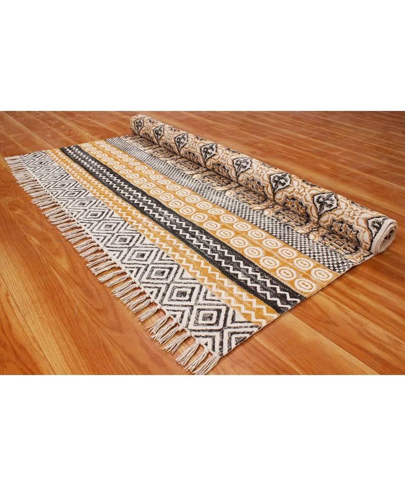 2x3-Feet Hand Block Printed Area Rugs  Cotton Dhurrie Flatwoven Boho Kilim Indoor Patio Decorative Carpet