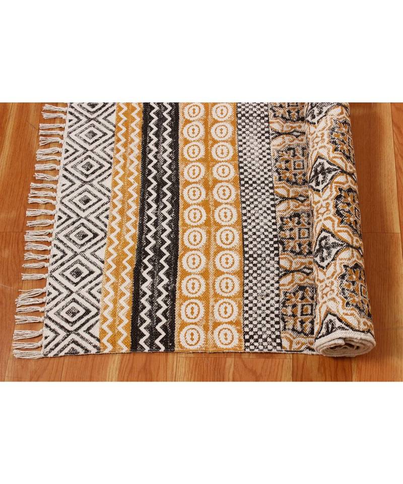 4x8-Feet Hand Block Printed Area Rugs  Cotton Dhurrie Flatwoven Boho Kilim Indoor Patio Decorative Carpet