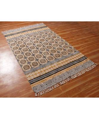5x5-Feet-Square Hand Block Printed Area Rugs  Cotton Dhurrie Flatwoven Boho   Patio Decorative Carpet 1