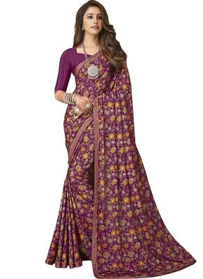 Purple plain crepe saree with blouse 1