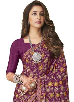 Purple plain crepe saree with blouse 2