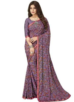 Purple plain crepe saree with blouse 1