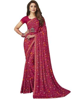 Pink plain crepe saree with blouse 1