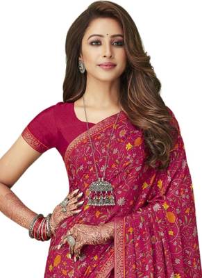 Pink plain crepe saree with blouse 2
