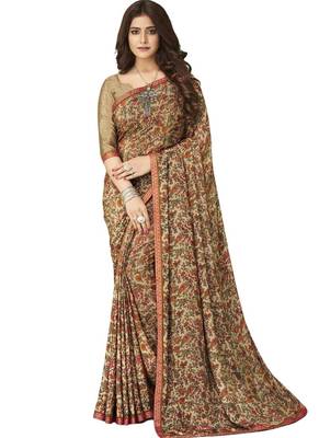 Beige plain crepe saree with blouse 1