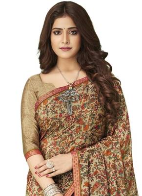 Beige plain crepe saree with blouse 2