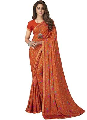 Blood red plain crepe saree with blouse 1