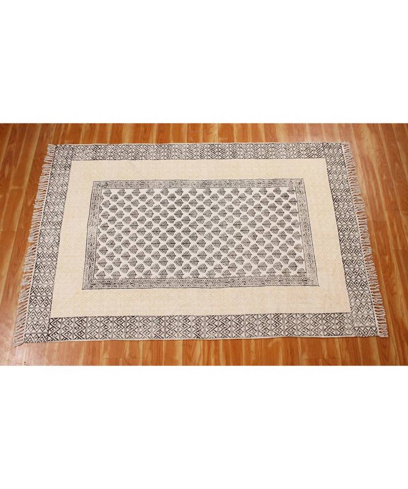 4x7-Feet Indian Hand Block Printed Cotton Dhurrie Handmade Black Flatwoven Boho  Area Rugs  Beach Yoga