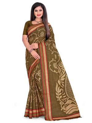 Green printed cotton saree with blouse 1