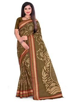 Green printed cotton saree with blouse