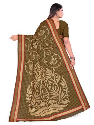 Green printed cotton saree with blouse 2