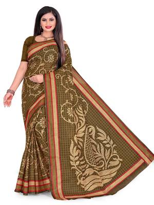 Green printed cotton saree with blouse 4