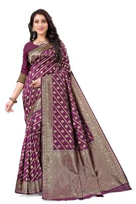 Purple woven silk blend saree with blouse 1