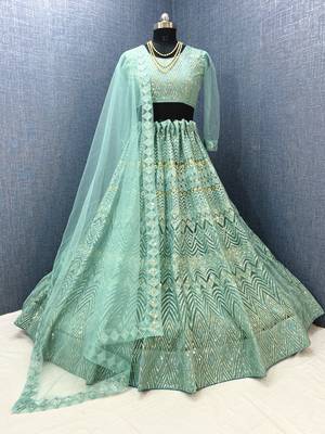 Sea-green embroidered net  lehenga 2