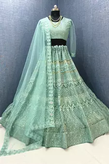 Sea-green embroidered net  lehenga