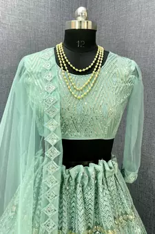 Sea-green embroidered net  lehenga