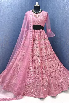 Pink embroidered net semi stitched lehenga