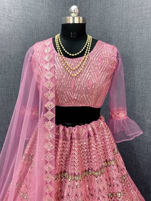 Pink embroidered net semi stitched lehenga 3