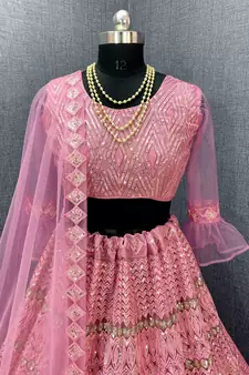 Pink embroidered net semi stitched lehenga