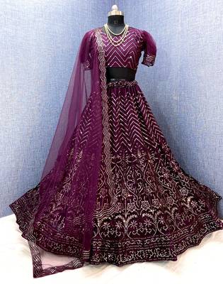 Wine embroidered net semi stitched lehenga 2
