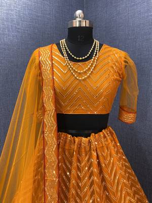 Gold embroidered net semi stitched lehenga 3