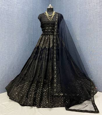 Black embroidered net semi stitched lehenga 1