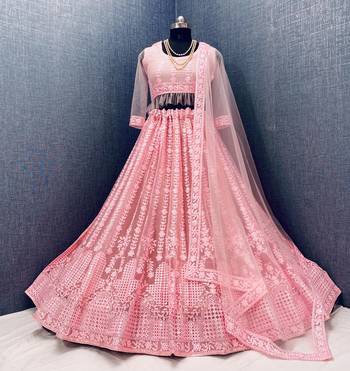 Pink embroidered net semi stitched lehenga 1