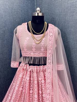 Pink embroidered net semi stitched lehenga 2