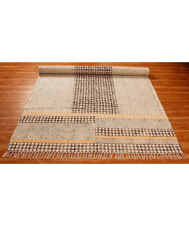 4x6-Feet  Area Rug Boho  Hand Block Printed Cotton Dhurrie  Bedroom Decorative Carpet Flatwoven Throw 