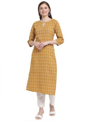 Yellow printed cotton ethnic-kurtis 5