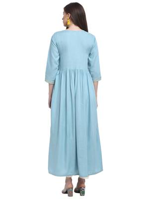 Sky-blue plain rayon ethnic-kurtis 4