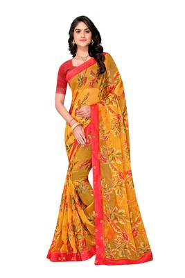 Orange printed brasso saree with blouse 1