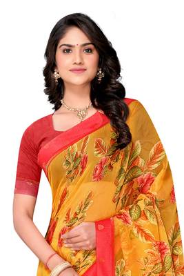Orange printed brasso saree with blouse 4