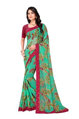 Turquoise printed brasso saree with blouse 1