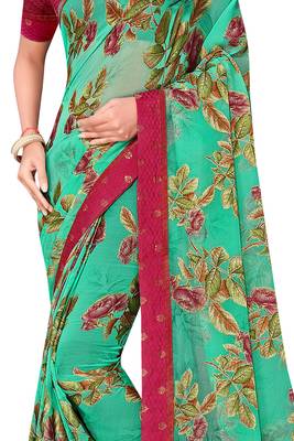 Turquoise printed brasso saree with blouse 2