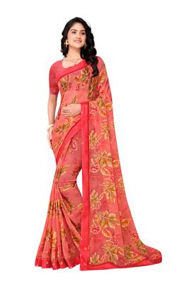 Pink printed brasso saree with blouse 1