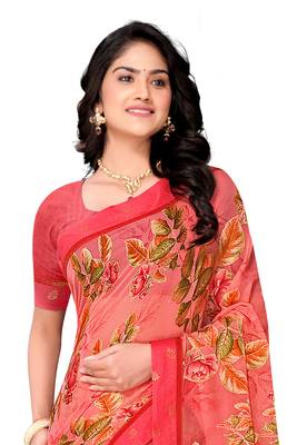 Pink printed brasso saree with blouse 4