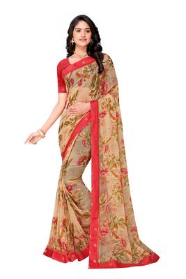 Beige printed brasso saree with blouse 1