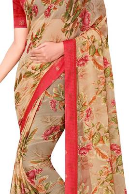 Beige printed brasso saree with blouse 2