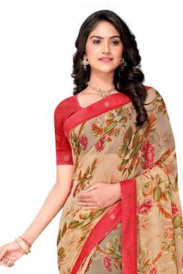 Beige printed brasso saree with blouse 4