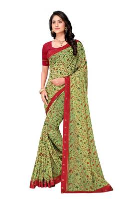 Light green printed brasso saree with blouse 1