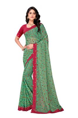 Teal printed brasso saree with blouse 1