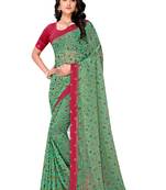 Teal printed brasso saree with blouse