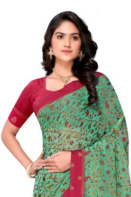 Teal printed brasso saree with blouse 3