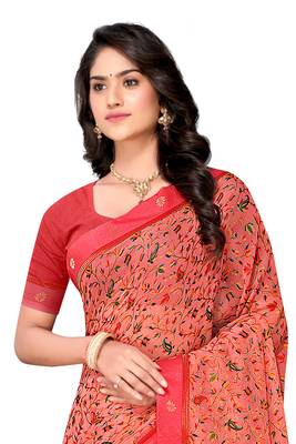 Pink printed brasso saree with blouse 4