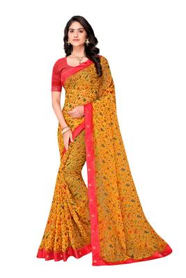 Orange printed brasso saree with blouse 1