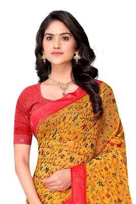 Orange printed brasso saree with blouse 2